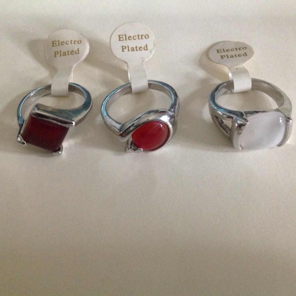Lot of 3 Vintage Silver Tone Electroplated Gemstone Rings Size 8